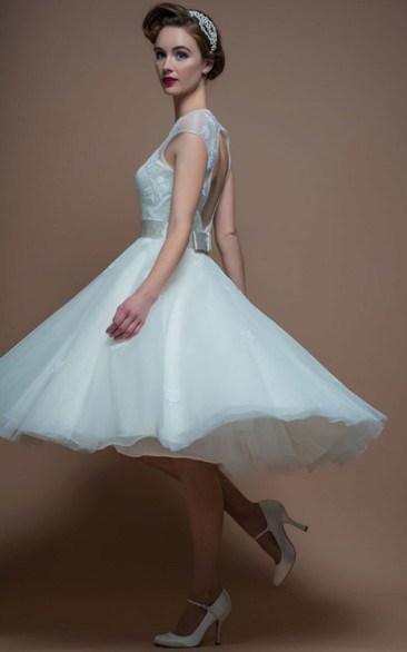 Jewel-Neck Cap-sleeve Organza Tea-length Dress With Keyhole And Lace top