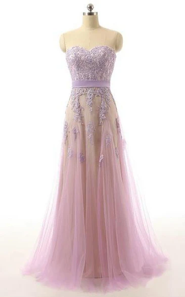 Floor-Length Lace Appliqued A-Line Sweetheart Tulle Dress