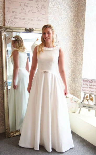 Satin Jeweled Ribbon A-Line Full-Length Bridal Dress