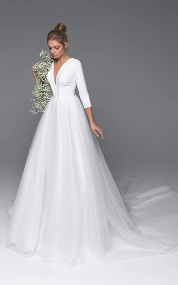 A Line Modern Satin and Tulle V-neck Bridal Gown with Ruching