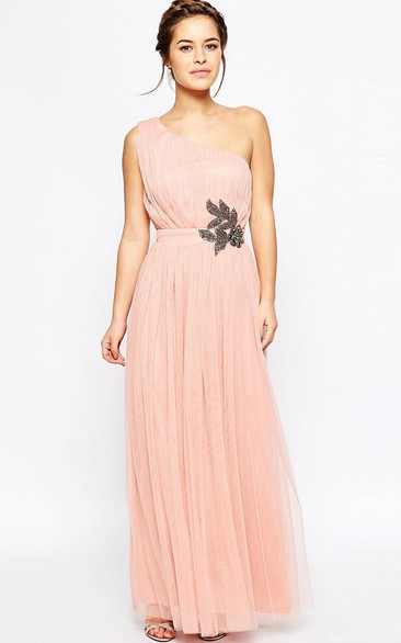 One-Shoulder Sleeveless Crystal Tulle Bridesmaid Dress With Pleats
