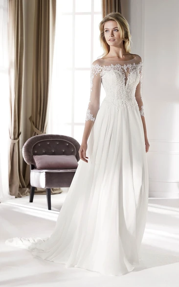 Ethereal Illusion Lace 3/4 Sleeves Chiffon Wedding Gown With Court Train