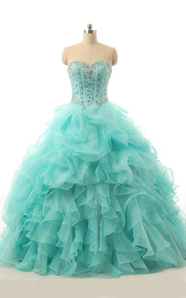 Sweetheart Jeweled Lace Lace-Up Organza Ball Gown