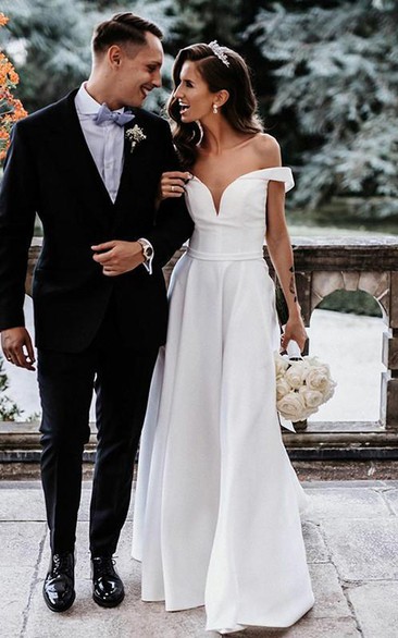 Elegant A Line Off-the-shoulder Satin Floor-length Wedding Dress with Split Front