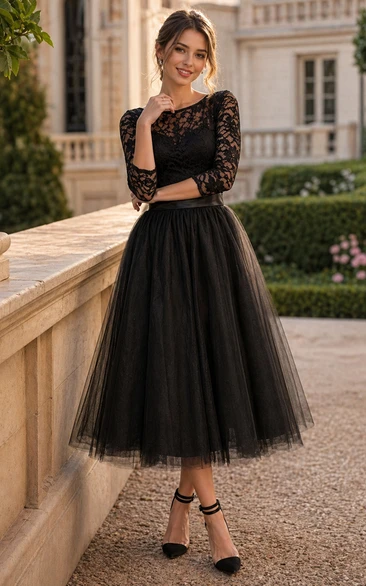 Schwarzes, freches, teelanges Ballkleid aus Spitze und Tüll mit 3-4 Ärmeln