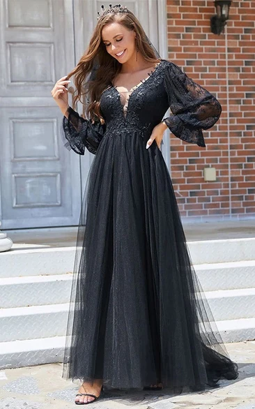 Black A-Line V neck Long Sleeve Empire Tulle wedding Dress with Ruching and Appliques