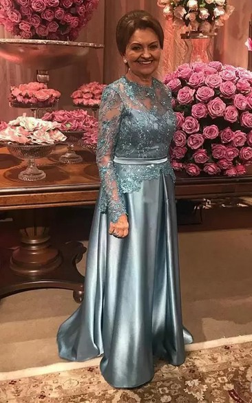 Romantic A Line Satin Floor-length Long Sleeve Mother of the Bride Dress with Appliques