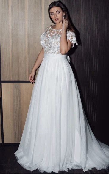 Bateau-neck Cap-sleeve A-line Chiffon Plus Size Wedding Dress with Illusion Top