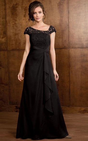 A Line Bateau Short Sleeve Floor-length Chiffon Mother Of The Bride Dress with Illusion and Draping