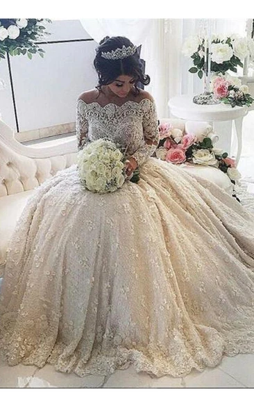 Beautiful Lace Long Sleeve Princess Wedding Dresses Ball Gown With Appliques