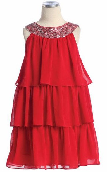 A Line Jewel Sleeveless Knee-length Chiffon Flowergirl Dress with Tiers and Sequins