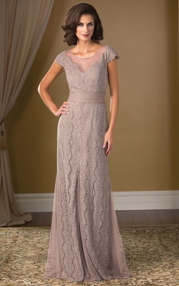 Cap-Sleeved Long Lace Mother Of The Bride Dress With Illusion Back