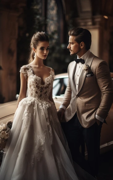 V Neck Sleeveless Romantic Destination Appliques Tulle Wedding Dress