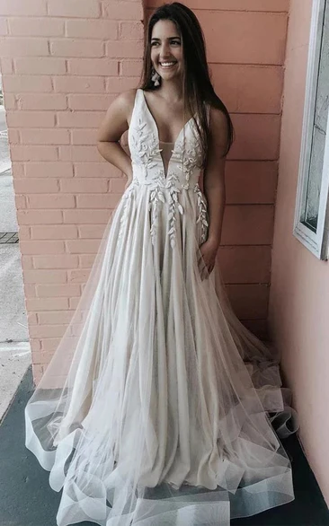 Sleeveless V-neck A-line Tulle Petite Pleated Applique Wedding Dress