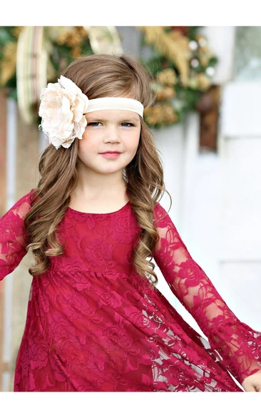 Pleated Toddler Scoop-Neckline Long-Sleeve Lace Dress