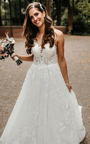 Bohemian Sleeveless Lace A Line V-neck Floor-length Court Train Wedding Dress with Appliques
