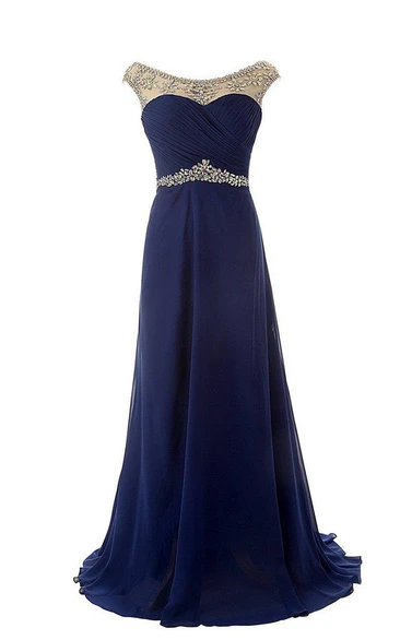 Beaded Illusion Inspire Chiffon Cap-Sleeved Gown