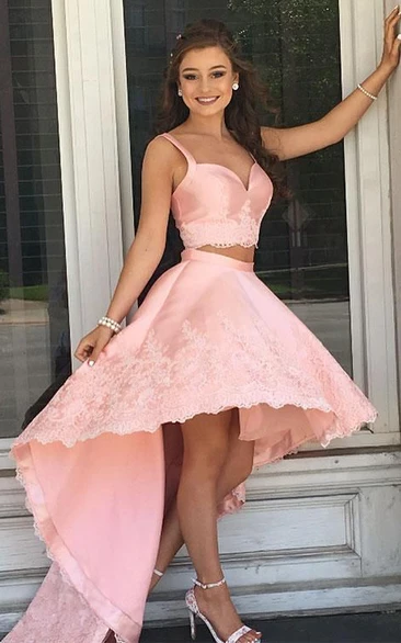 Spaghetti V-neck Satin Lace Sleeveless High-Low Two Piece Homecoming Dress