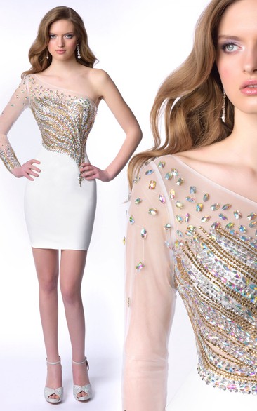 Short Sheath One-Shoulder Jersey Homecoming Dress With Gemstone Embellishment