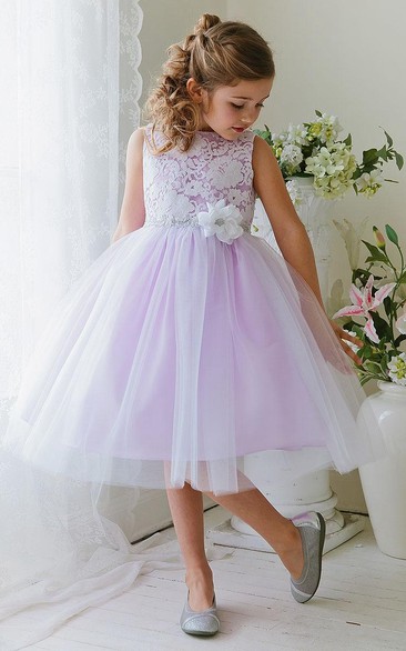 Bateau Tulle Lace Tea-length flower girl Dress With Embellished Waist