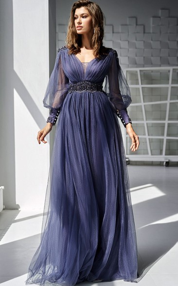 Modest A Line V-neck Tulle Floor-length Mother Dress with Beading and Sash