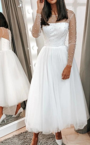 A Line Bateau Tulle Tea-length Long Sleeve Illusion Wedding Dress With Beading