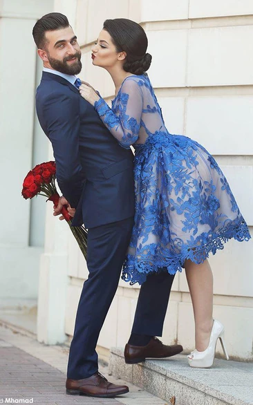 Blue Long Sleeve Prom Royal Delicate Appliqued Dress