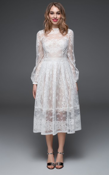 Casual Lace A Line High Neck Tea-length Wedding Dress with Appliques