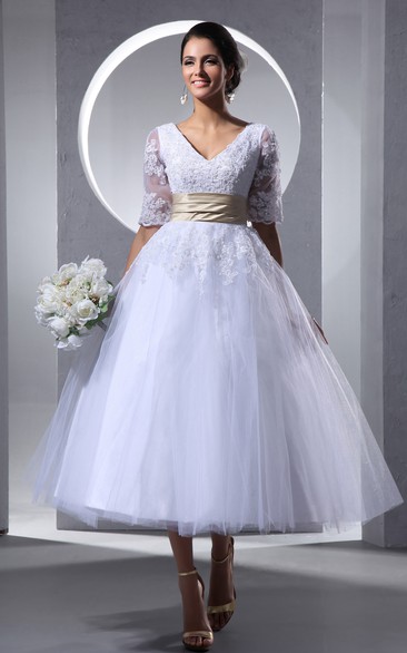 Short-Sleeve Soft Tulle Tea-Length Glam Dress