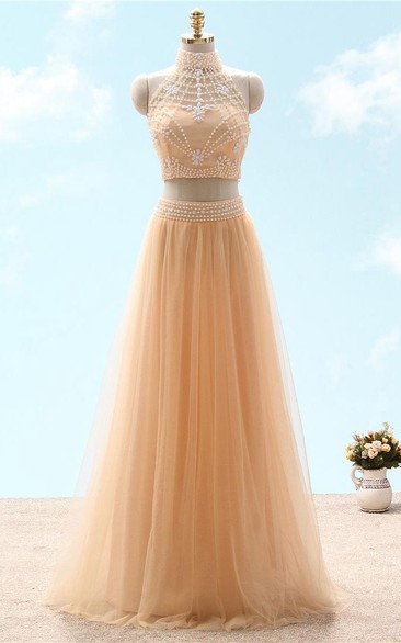 Sleeveless Rhinestone High-Neckline A-Line Lace Tulle Gown