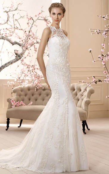 Sheath High Neck Sleeveless Floor-length Lace Wedding Dress with Illusion and Appliques