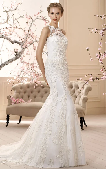 Sheath High Neck Sleeveless Floor-length Lace Wedding Dress with Illusion and Appliques