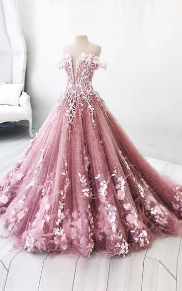 Off-the-shoulder Plunged Blush Tea-length Ruffled Quinceanera Prom Dress