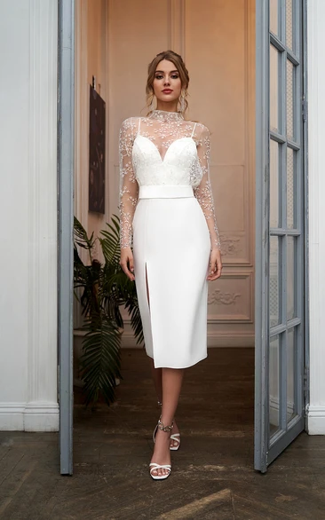 Illusion Detachable Jewel-neck Long Sleeve Pencil Front Split Wedding Dress