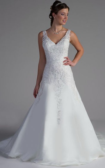 A-line V-neck Sleeveless Floor-length Satin Wedding Dress with Low-V Back and Appliques