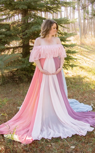 Off-the-shoulder Long Sleeve Lace Pleated Ruffled Maternity Dress