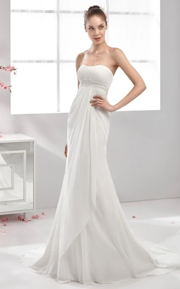 A Line Sweetheart Sleeveless Floor-length Chiffon Wedding Dress with Ruching and Waist Jewellery