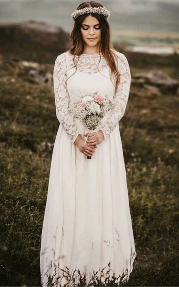 Lace Long Sleeve Casual Outdorr Floor-length Wedding Dress with Low-v Back