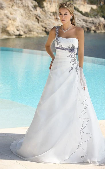 A-line One-shoulder Sleeveless Floor-length Satin Wedding Dress with Appliques and Side Draping