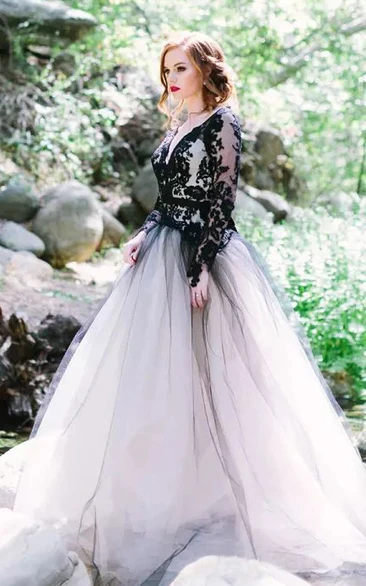 V-neck A-Line Long Sleeve Lace Tulle Floor-length Wedding Dress with Keyhole Back