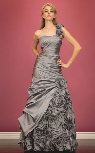 A-Line Side Draping Floral One-Shoulder Sleeveless Satin Dress