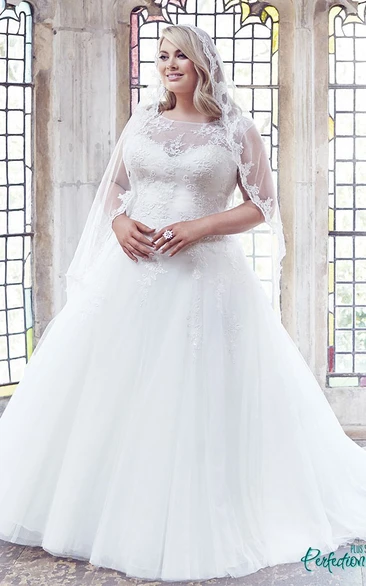 Bateau Cap-sleeve Tulle Ball Gown plus size Wedding Dress With Appliques And Court Train