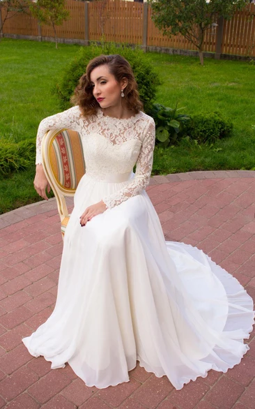 Scoop-neck Illusion Lace Long Sleeve Floor-length Chiffon Wedding Dress