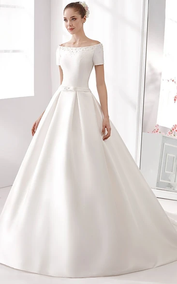 Ball Gown Off-the-shoulder Short Sleeves Floor-length Satin Wedding Dress with Pleats