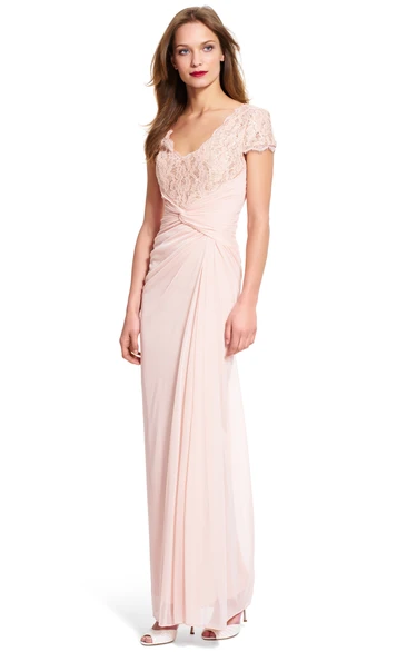 Sheath V-neck Short Sleeve Floor-length Chiffon Bridesmaid Dress with Low-V Back and Ruching