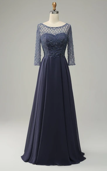 Stormy Grey Illusion Neck Beading Empire Waist Floor Length Long Sleeves Mother of the Bride/Groom Dress