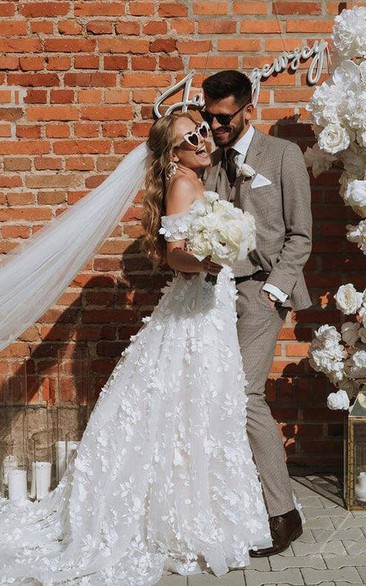 Off-the-shoulder Lace Empire A-line Sweep Train Wedding Dress