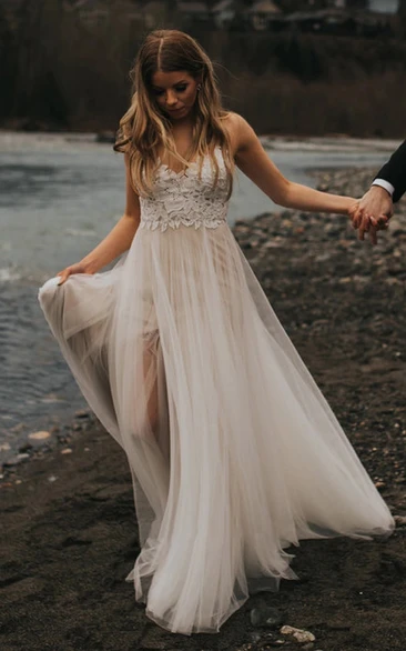 Sweetheart Empire Tulle Rustic Casual Wedding Dress with Lace Top