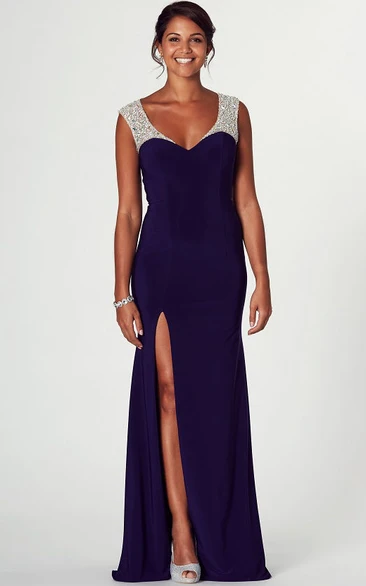 dipped-v-neck Beaded Sleeveless Jersey Prom Dress With Split Front And Illusion