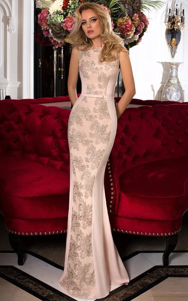 Sheath Floor-Length Bateau Appliqued Prom Dress With Low-V Back